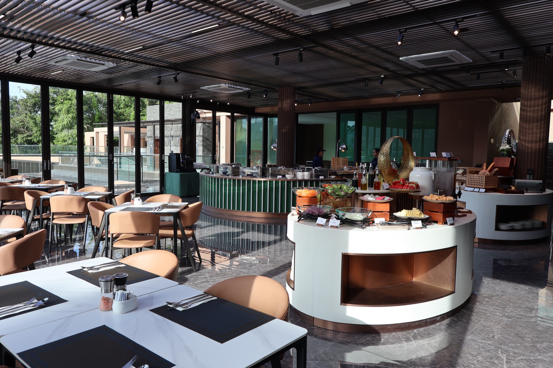 Restaurant interior with custom furniture and warm wood finishes